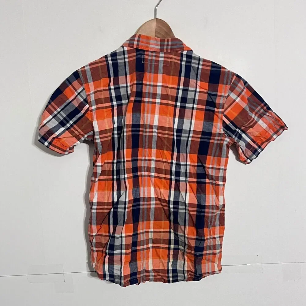 Old Navy Boys Shirt Size L (10/12) Orange Plaid Classic Short Sleeve Button Up